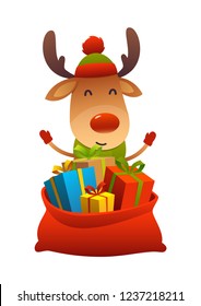 Cute cartoon reindeer behind toy bag with gifts isolated
