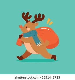 Cute cartoon Reindeer carries a bag of gifts, wild animal baby deer. Christmas and New Year symbol. Wild nature little deer in a scarf vector illustration isolated on green background.