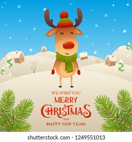 Cute cartoon reindeer character Merry Christmas and Happy New Year background vector