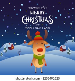 Cute cartoon reindeer character Merry Christmas and Happy New Year background vector