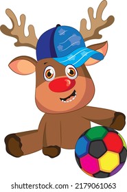 Cute Cartoon Reindeer With Colorful Football.Hand Drawn Vector Illustration.