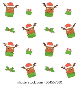 cute cartoon reindeer cupcake with santa claus hat seamless vector pattern background illustration