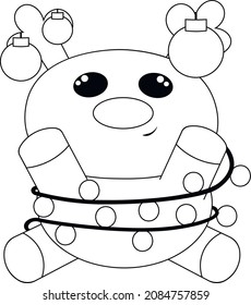 Cute cartoon Reindeer in garland and toys. Draw illustration in black and white
