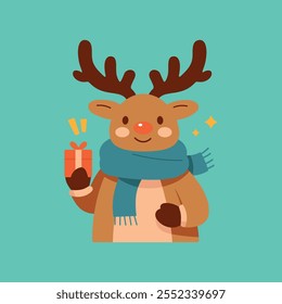 Cute cartoon Reindeer with a gift in his hands, wild animal baby deer. Christmas and New Year symbol. Wild nature little deer in a scarf vector illustration isolated on green background.