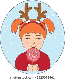 Cute cartoon reindeer girl with lollipop. Vector illustration.