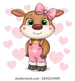Moça de rena de desenhos animados bonito em macacão rosa com arco e corações.