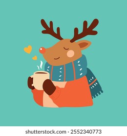 Reindeer de desenho animado bonito com café quente nas mãos, veado bebê animal selvagem. Símbolo de Natal e Ano Novo. Veado selvagem da natureza em uma ilustração do vetor do cachecol isolado no fundo verde.