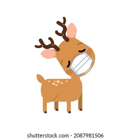 Cute cartoon reindeer with medical mask. Sick face emoji vector icon.