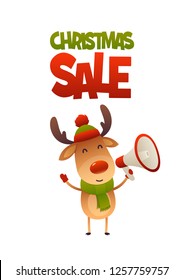 Cute cartoon reindeer with megaphone on white background isolated