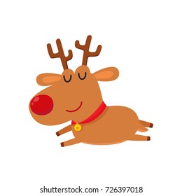 Cute cartoon reindeer with red nose sleep, cartoon vector illustrations isolated on white background. Little deer tired.