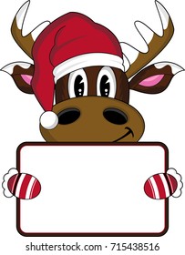 Cute Cartoon Reindeer in Santa Hat with Sign
