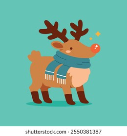 Cute cartoon Reindeer in a scarf, wild animal baby deer. Christmas and New Year symbol. Wild nature little deer vector illustration isolated on green background.