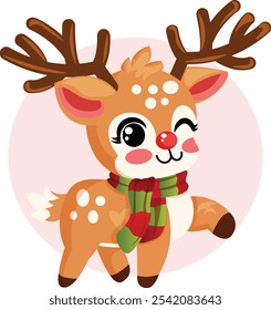 Lindo Cartoon Reindeer com Scarf Winking. Gráfico isolado de personagem de Natal 