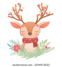 Cute cartoon reindeer vector illustration. Beautiful forest animal. For poster, greeting card and kids design. White isolated background.