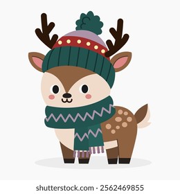 Cute cartoon reindeer wearing a warm scarf and beanie vector illustration isolated on white background	