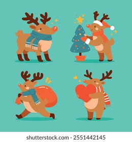 Cute cartoon Reindeers set. Wild animal baby deer. Christmas and New Year symbol. Wild nature little deer in a scarf vector illustration isolated on green background.