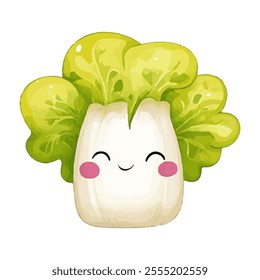 A cute cartoon representation of a smiling vegetable with leafy greens.