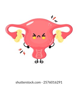 Cute cartoon representation of a tired uterus with expressive facial features and a relaxed posture