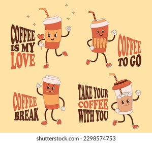 Cute cartoon retro characters coffee. Collection coffee takeaway in paper cups with funny phrases. Vector illustration. Isolated funny drinks for design, decor, postcards