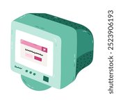 Cute cartoon retro computer with CRT monitor from 90s and 00s. Colorful old PC machine as badge of 1990s. Nostalgia for vintage and Y2k aesthetic, vibes. Hand drawn clipart isolated on background.