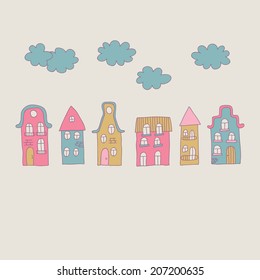 Cute Cartoon Retro Houses Background 