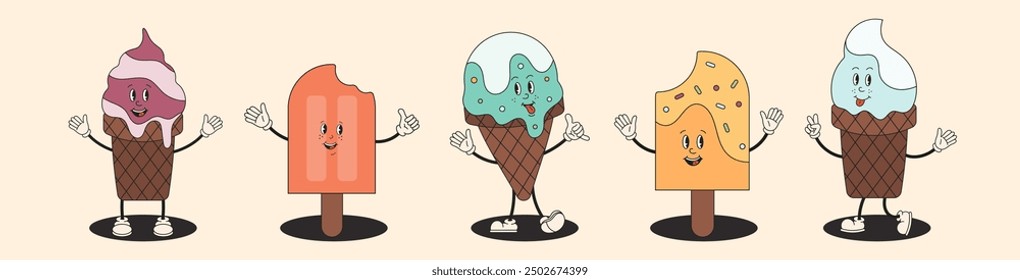 Cute cartoon retro ice cream in cones, popsicle with funny face. Groovy ice cream in waffle cone. For poster, flyer, party invitation, banner. Funny groovy Mascot personage. Summer dessert collection.