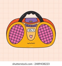 Lindo dibujo animado retro radio con contorno de los años 90 y 00. Colorido viejo reproductor de CD, radio, reproductor de audio para la música como insignia de los años 90. Nostalgia por la estética vintage y Y2k, vibraciones. Clipart dibujado a mano.