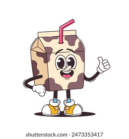 Caricatura Lindo Estilo Retro Carácter De Caja De Cartón De Leche Con Cara Sonriente Y Paja, Dando Pulgar Hacia Arriba. Diseño adorable