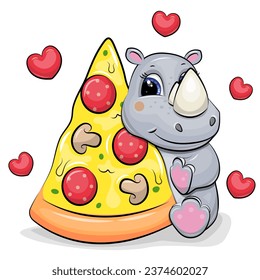 Cute cartoon rhino with a big piece of pizza. Vector illustration of animal on a white background with red hearts.
