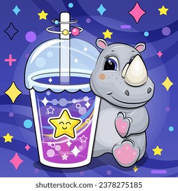 Cute cartoon rhino with a big star drink. Vector illustration of an animal and a cup of colorful water on a dark blue background with stars and dots.