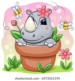 Cute cartoon rhino in a flower pot with bees and flowers. Vector illustration of animal in nature.