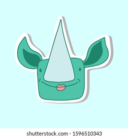 Cute cartoon rhino girl with big sharp nose sticker isolated on blue background. 