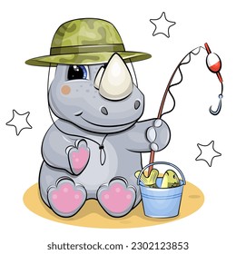 Cute cartoon rhino in the green hat holds a fishing rod and a bucket of fish. Vector illustration of animal on white bacground.