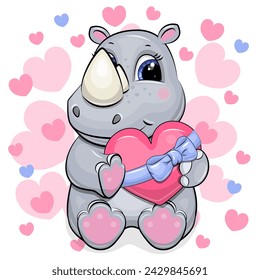 Cute cartoon rhino holding a heart with blue ribbon. Vector illustration of an animal on a white background with many pink hearts.