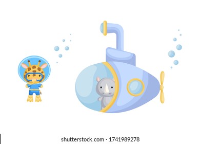 Cute cartoon rhino looks out of submarine window and cute giraffe in diving suit swim underwater. Design of t-shirt, album, card, invitation. Flat vector illustration isolated on white background.