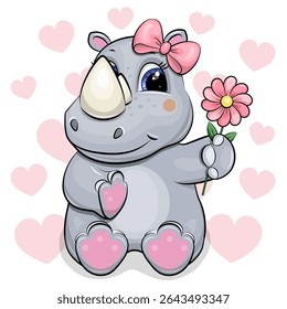 Cute Cartoon Rhino with pink flower and hair bow. Vector Illustration with animal on white background with pink hearts.