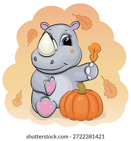A cute cartoon Rhino with pumpkin. Vector illustration of animal with vegetable and orange background with autumn leaves.