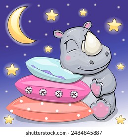 Cute cartoon rhino is sleeping on the pillows. Night vector illustration on a dark blue background with stars and moon.