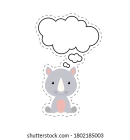 Rinoceronte de dibujos animados con una pegatina de burbuja de habla. Carácter kawaii sobre fondo blanco. Caricatura sentada en el clipart de la postal animal para el cumpleaños, la ducha de bebé, fiesta. Ilustración de material vectorial.