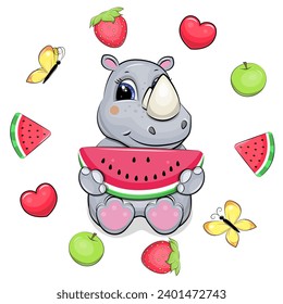 Cute cartoon rhino with watermelon in fruit frame. Vector illustration of an animal with apples, watermelon, hearts, butterflies, strawberries on a white background.