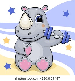 Cute cartoon rhinoceros athlete with a dumbbell. Vector illustration of an animal on a blue and yellow background with stars.