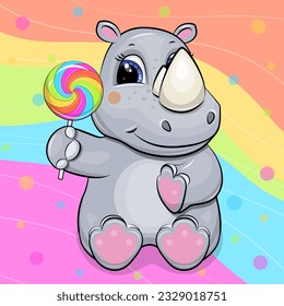 Cute cartoon rhinoceros with a big lollipop. Vector illustration of a gray animal on a colorful background.