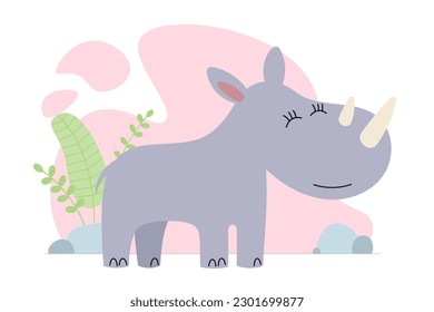 Cute cartoon rhinoceros. Drawing african baby wild rhino. Kind smiling jungle safari animal. Vector eps creative graphic hand drawn print