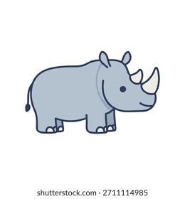 Lindo rinoceronte de dibujos animados en estilo de Vector plano con Formas redondeadas y expresión amigable, aislado, perfecto para libros infantiles, materiales de zoológico e ilustraciones educativas de vida silvestre