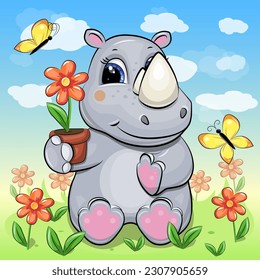 Cute cartoon rhinoceros with a flower pot. Vector illustration of an animal in nature with flowers and butterflies.