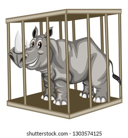 Cute Cartoon Rhinoceros Inside Steel Cage. Animals in the Cage. Rhino Isolated on White Background