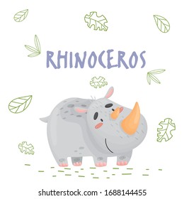 Cute cartoon rhinoceros in jungle on a white backgrount. Element for print, postcard and decor. Vector illustration  