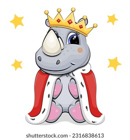 Cute cartoon rhinoceros king with royal robe and golden crown. Vector illustration of an animal on a white background with yellow stars.