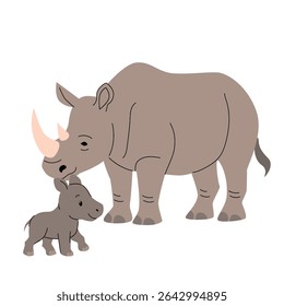 Cute cartoon rhinoceros mother and baby, flat vector illustration, hand drawn wild animals, African safari family, isolated on white background, simple wildlife design for kids. Vector illustration