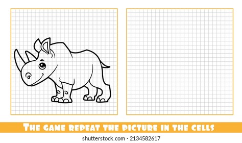 Cute cartoon rhinoceros outlined the game repeat the picture in the cells